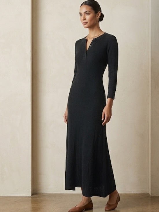 Ralph Lauren Dresses & Skirts - Polo Ralph Lauren Black Thermal Knit Long Sleeve Henley Maxi Dress Size Small